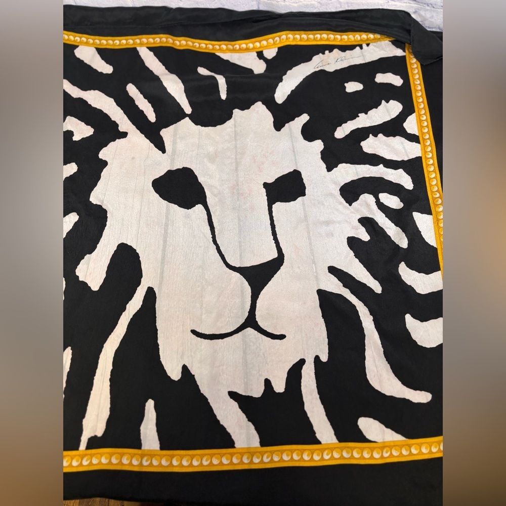 VINTAGE Anne Klein Black Yellow Cream Classic Iconic Signature Lion Silk Scarf